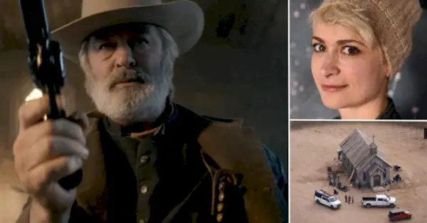 Kompozit Aleca Baldwina, v smere hodinových ručičiek zľava: statický obraz herca v kostýme, obraz usmievajúcej sa Halyny Hutchins a letecký záber na natáčanie filmu