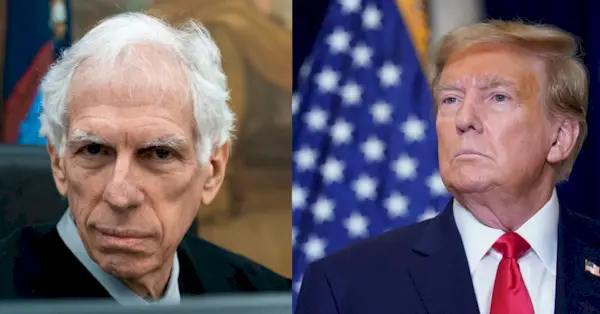 Links: Richter Arthur F. Engoron posiert für ein Foto im Gerichtssaal zum 4. Tag von Trump