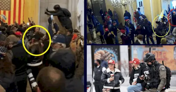 左: 1月6日、警察が暴動者を阻止する中、国会議事堂のロタンダ内で群衆の中に姿を現した黄色の丸で囲ったバーバラ・バルマセダ。/右上: 1月6日、黄色で丸で囲ったバルマセダが議事堂に入場し、赤で丸で囲ったガルシアを後ろに連れて議事堂に入る監視映像。右下：1月6日朝、ワシントンD.C.でガルシアとコーヒーを飲むバルマセダ。司法省が写真を提供。