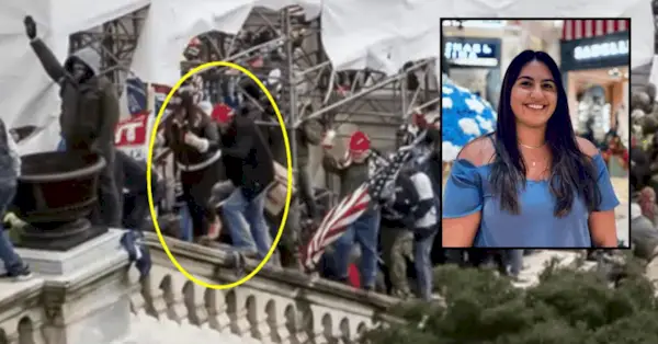 挿入図: バーバラ・バルマセダは、2021年1月6日の国会議事堂襲撃の前に、自分の写真をプラウドボーイのガブリエル・ガルシアに送った。/背景: 黄色で囲まれたバルマセダは、1月6日に国会議事堂の欄干に登っているのが見られる。赤い帽子をかぶった彼女の後ろにはプラウド・ボーイ・ガルシアがいる。司法省が写真を提供した。