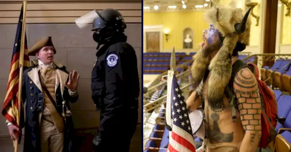 Till vänster: Isaac Yoder, klädd i kolonial dräkt och bärande en flaggstång, vid U.S. Capitol den 6 januari 2021. Med tillstånd från U.S. Justice Department. Höger: Jacob Chansley, den
