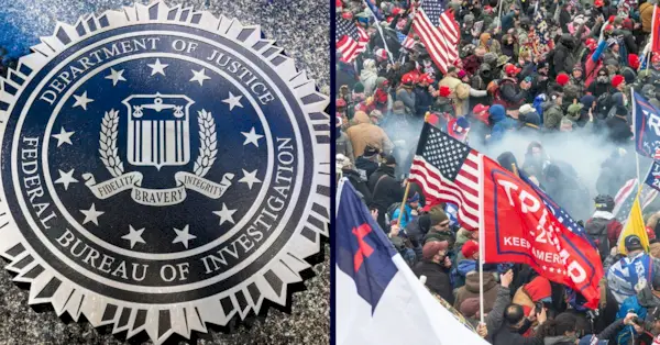 Слева: эмблема Федерального бюро расследований на здании штаб-квартиры в Вашингтоне, округ Колумбия, США, 20 октября 2022 года. (Фото Беаты Завжель/NurPhoto через AP)/Справа: протестующие в поддержку Трампа на здании Капитолия и вокруг него, когда поднимается дым от гранаты в Вашингтоне, округ Колумбия, 6 января 2021 года. (Фото Беаты Завжель/NurPhoto через AP)