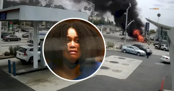 Nicole Linton comparaît le lundi 8 août 2022 devant la Cour supérieure de Los Angeles pour meurtre dans un accident qui a tué cinq personnes et un fœtus de 8 mois et demi (Mugshot de Daily Mail.com via AP ; scène de l'accident via capture d'écran KTLA)