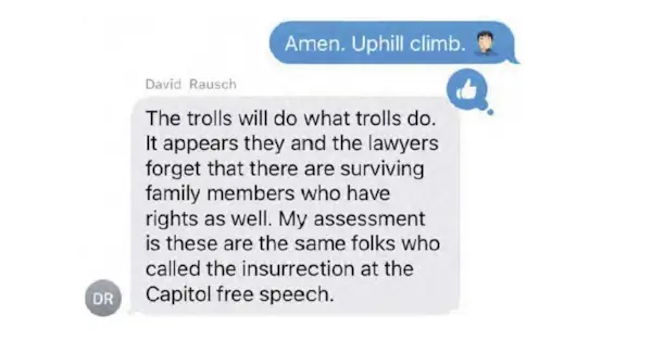 Un message texte du directeur du TBI, David Rausch, parlant de l'affaire Garon (documents judiciaires)