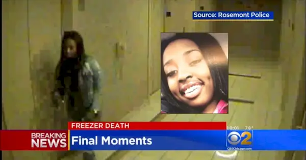 Kenneka Jenkins ses i sine sidste øjeblikke i en hotelovervågningsvideo i Chicago, inden hun dør i fryseren. (Skærmbillede af overvågningsvideo fra Rosemont Police Department via CBS Chicago/YouTube; Jenkins foto fra pressekonference med familieadvokat)
