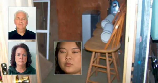 Olivia Atkocaitis, riquadro a destra, sostiene che i suoi genitori adottivi, Thomas e Denise Atkocaitis, riquadro a sinistra, la tenevano chiusa in uno scantinato