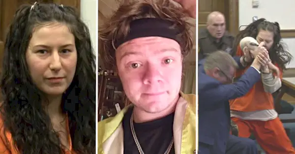 Taylor Schabusiness brutálně zavraždila svého milence Shada Thyriona, uvedli žalobci. Vpravo je vidět, jak útočí na svého tehdejšího právníka Quinna Jollyho 14. února 2023. (Snímky: CrimeSeries)