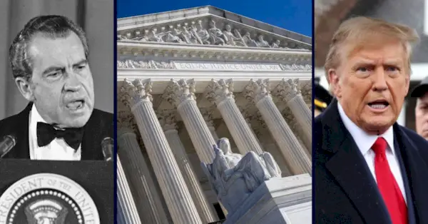 De gauche à droite : DOSSIER – Le président Richard Nixon déclare à un groupe de contributeurs de la campagne républicaine qu'il fera toute la lumière sur le scandale du Watergate lors d'un discours prononcé le 9 mai 1973 à Washington (AP Photo/John Duricka, File). La Cour suprême des États-Unis. Janvier 2024 (Francis Chung/POLITICO via AP). L'ancien président américain Donald Trump s'adresse aux médias après avoir assisté au sillage de l'officier de police de New York assassiné Jonathan Diller au salon funéraire Massapequa le 28 mars 2024 à Massapequa, New York (crédit : hoo-me.com/MediaPunch /IPX).