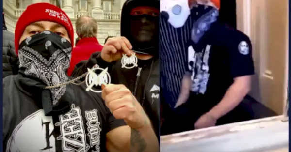 Billijs Knutsons pašbildē ārpus Kapitolija 6. janvārī (L) un pie izsista loga (R)