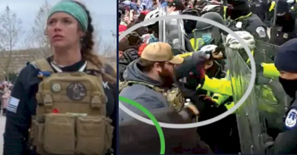 Olivia Hutchinson 2021 m. sausio 6 d. prie JAV Kapitolijaus matoma vilkinti mėlyną galvos apdangalą ir karinio stiliaus liemenę. Džozefas Hačinsonas, vilkintis geltoną beisbolo kepuraitę ir pilką striukę, Kapitolijuje matomas stumdant policijos pareigūnus.